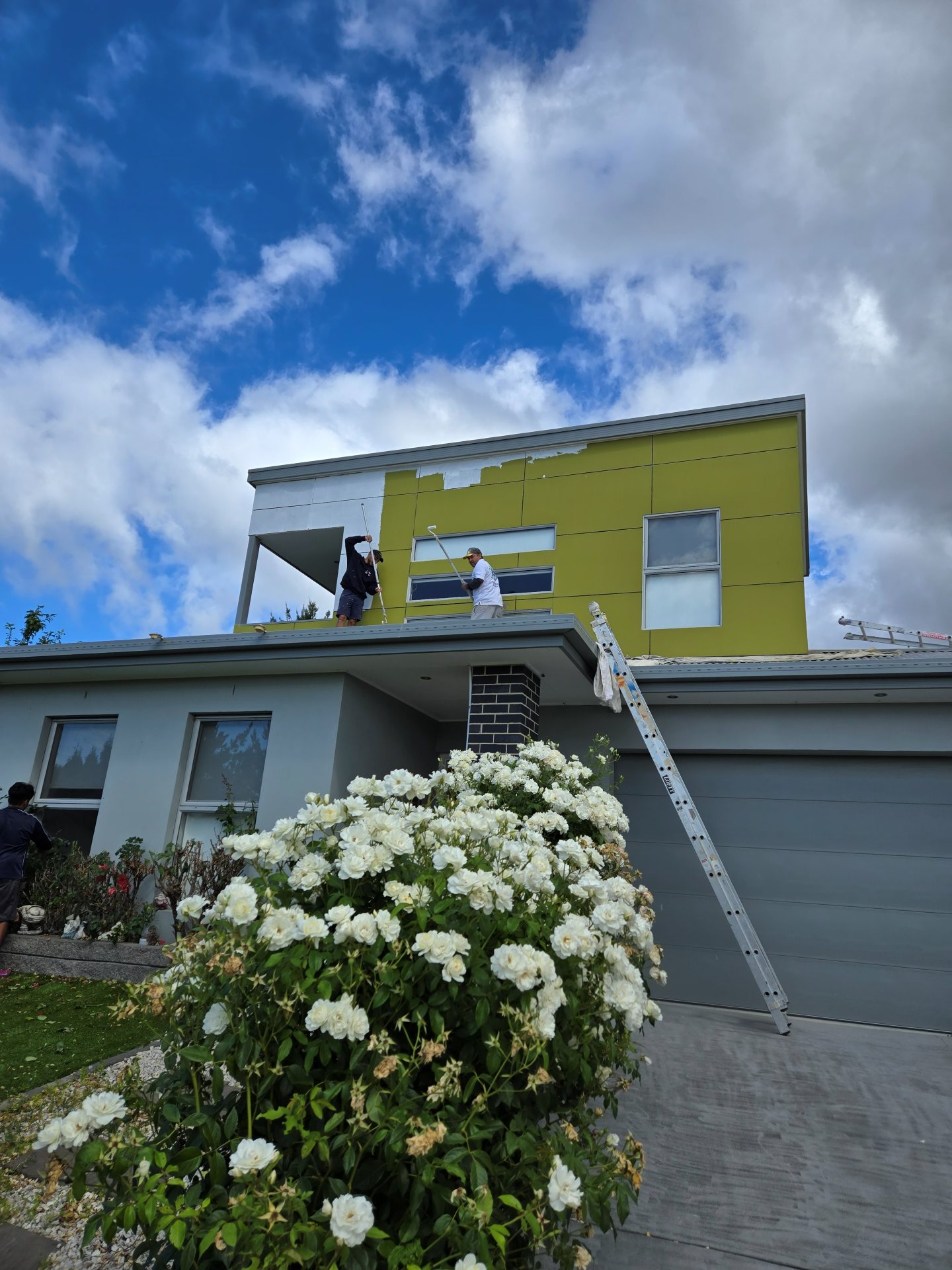 Two-storey home exterior being painted a bold chartreuse green